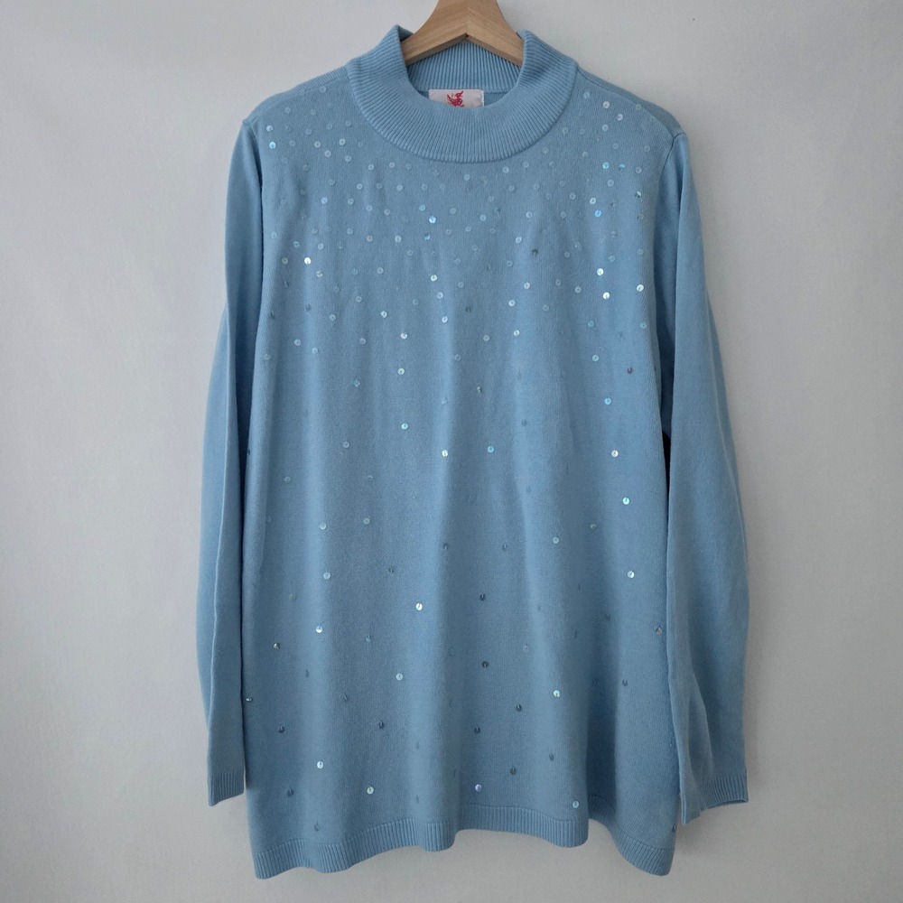 NEW Quaker Factory Sweater Blue Sequin Mock Neck Pullover Womens 1X
